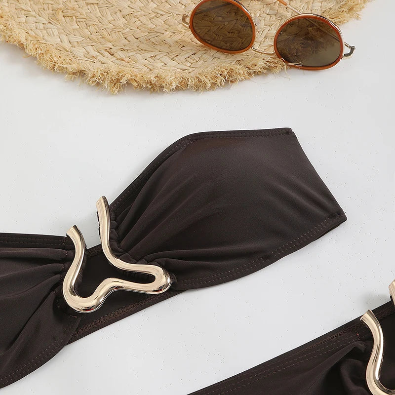 Strapless Buckle 3-Piece Bikini & Skirt Set