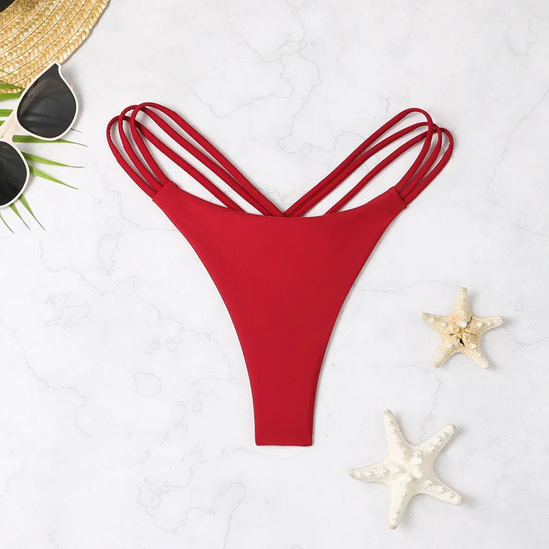 Solid Hollow-Out Thong Bikini Bottoms