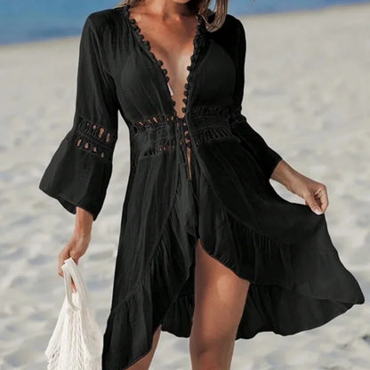 Crochet Spliced Cover Ups for Swimwear Women Sexy Hollow Out Long Sleeve Lace Up Bikini Cover Up Vacation Swimsuit Beach Dress