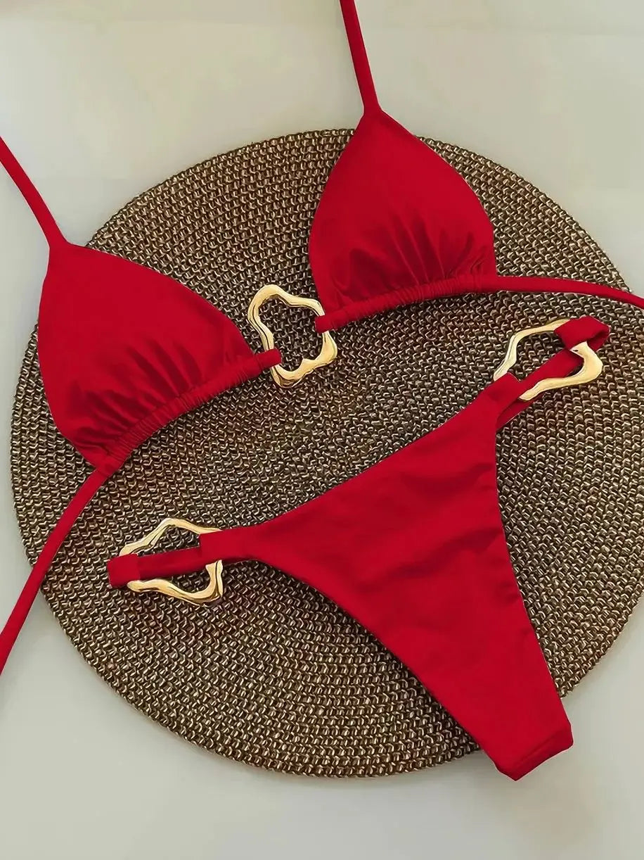 Gold Buckle Tie-Up Bikini Set