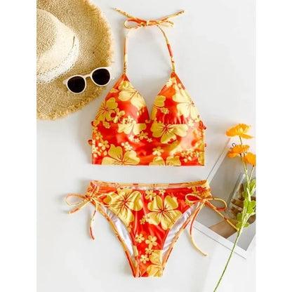 Floral V-Neck Lace-Up Tankini Set