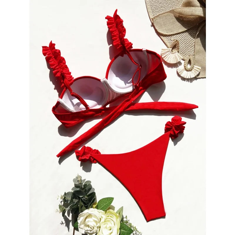 Ruched Strap Push Up Bikini Set