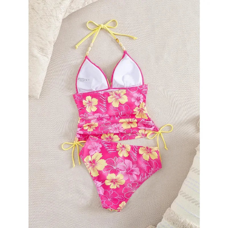Beaded Halter High-Waist Tankini Set