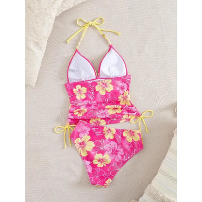 Beaded Halter High-Waist Tankini Set