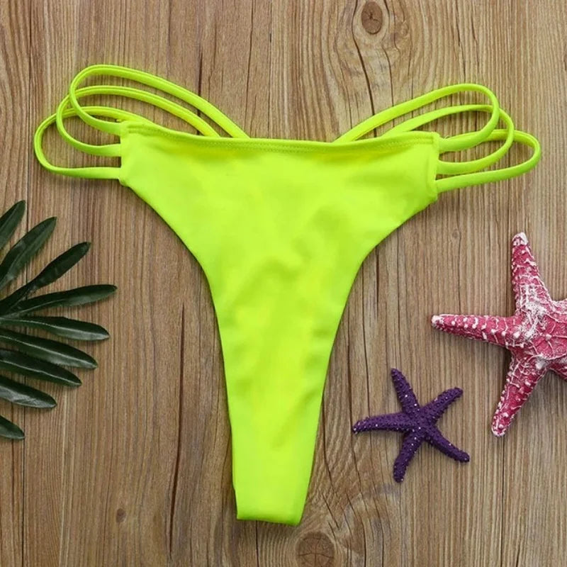 Solid Hollow-Out Thong Bikini Bottoms