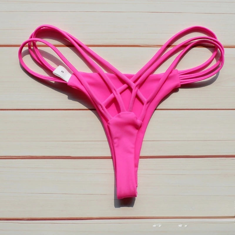 Solid Hollow-Out Thong Bikini Bottoms