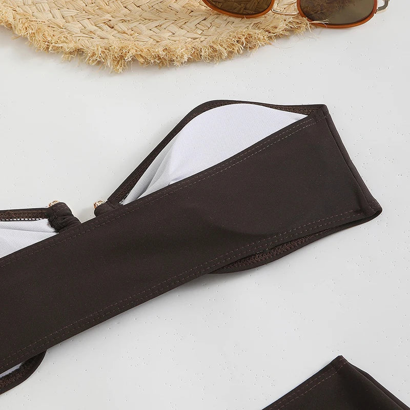 Strapless Buckle 3-Piece Bikini & Skirt Set