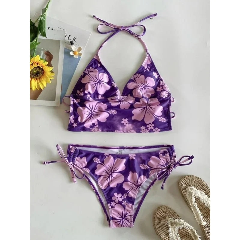 Floral V-Neck Lace-Up Tankini Set