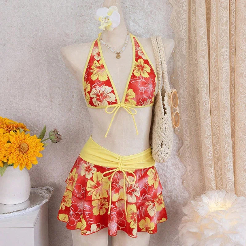 Floral Halter Three-Piece Bikini Set