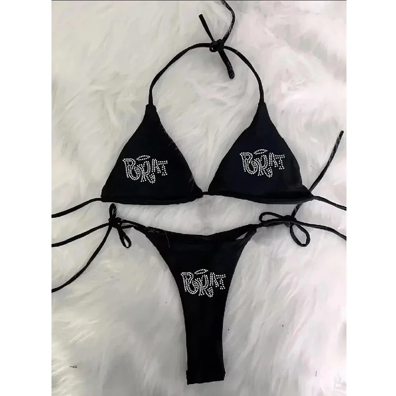 "BRAT" Diamond Lace-Up Triangle Bikini Set