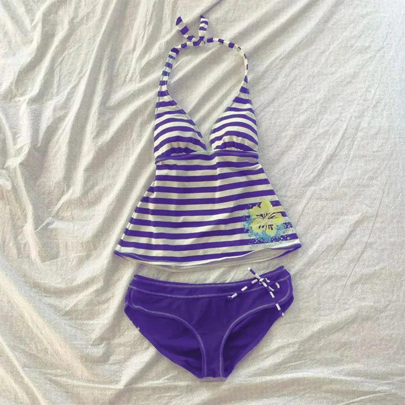 Women Summer Beach Bikini Set Sexy Slim Chic Striped Halter V Neck Swimsuit 2 Piece Vintage Casual Beachwear Split Bathing Suit