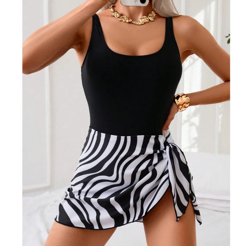 Sexy One Piece Swimsuit Women Spliced Print Beach Dress Lace Up Bathing Suit Summer 2025 New Swimming Swim Suit Female Beachwear