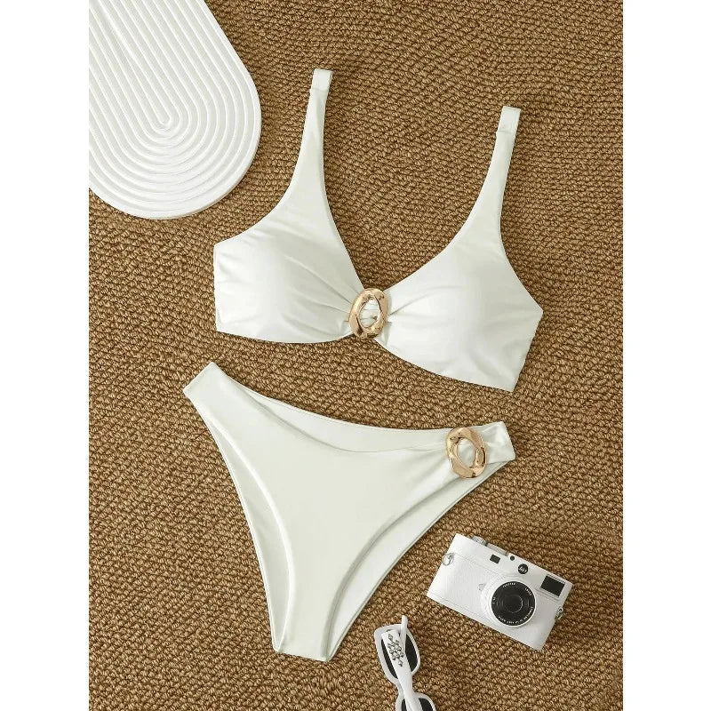 White Gold Buckle Bikini Set
