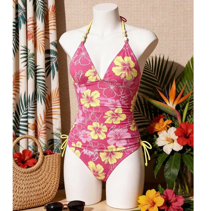 Beaded Halter High-Waist Tankini Set