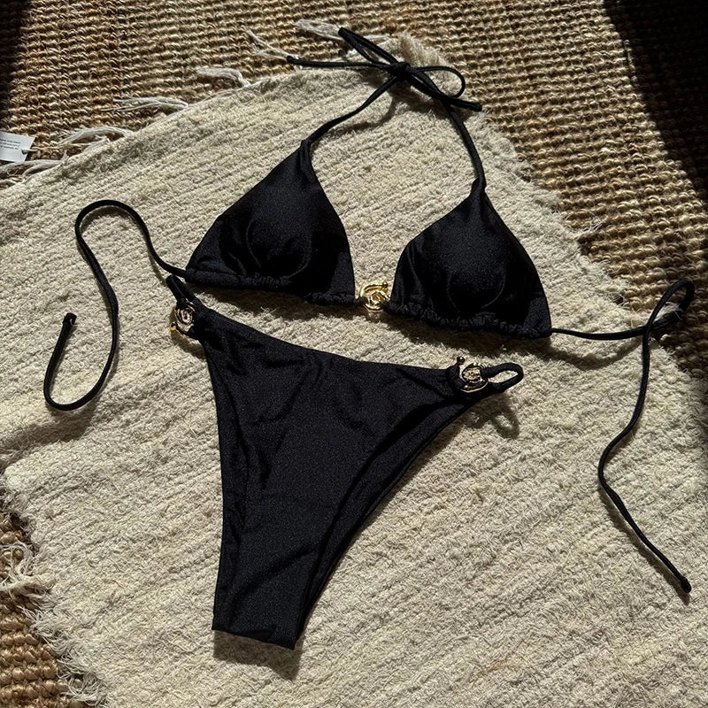 Gold Buckle Tie-up Bikini Set