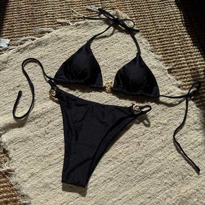 Gold Buckle Tie-up Bikini Set