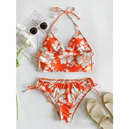 Floral V-Neck Lace-Up Tankini Set