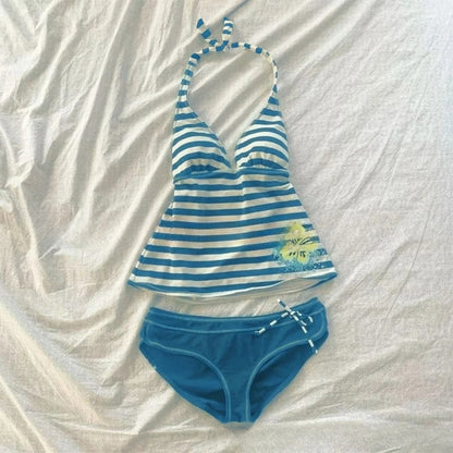Women Summer Beach Bikini Set Sexy Slim Chic Striped Halter V Neck Swimsuit 2 Piece Vintage Casual Beachwear Split Bathing Suit