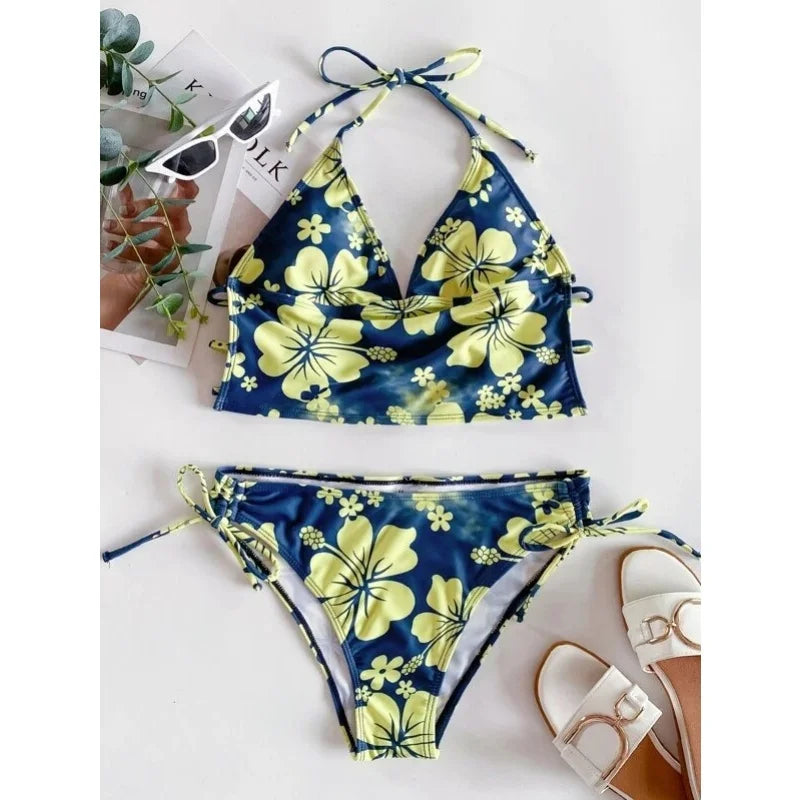 Floral V-Neck Lace-Up Tankini Set