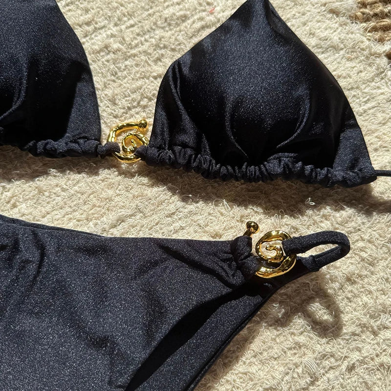 Gold Buckle Tie-up Bikini Set