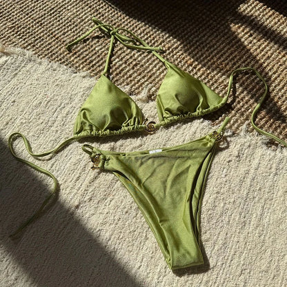 Gold Buckle Tie-up Bikini Set