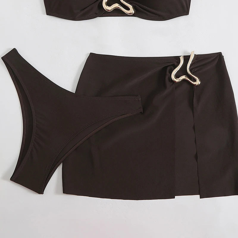 Strapless Buckle 3-Piece Bikini & Skirt Set