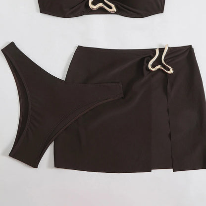 Strapless Buckle 3-Piece Bikini & Skirt Set