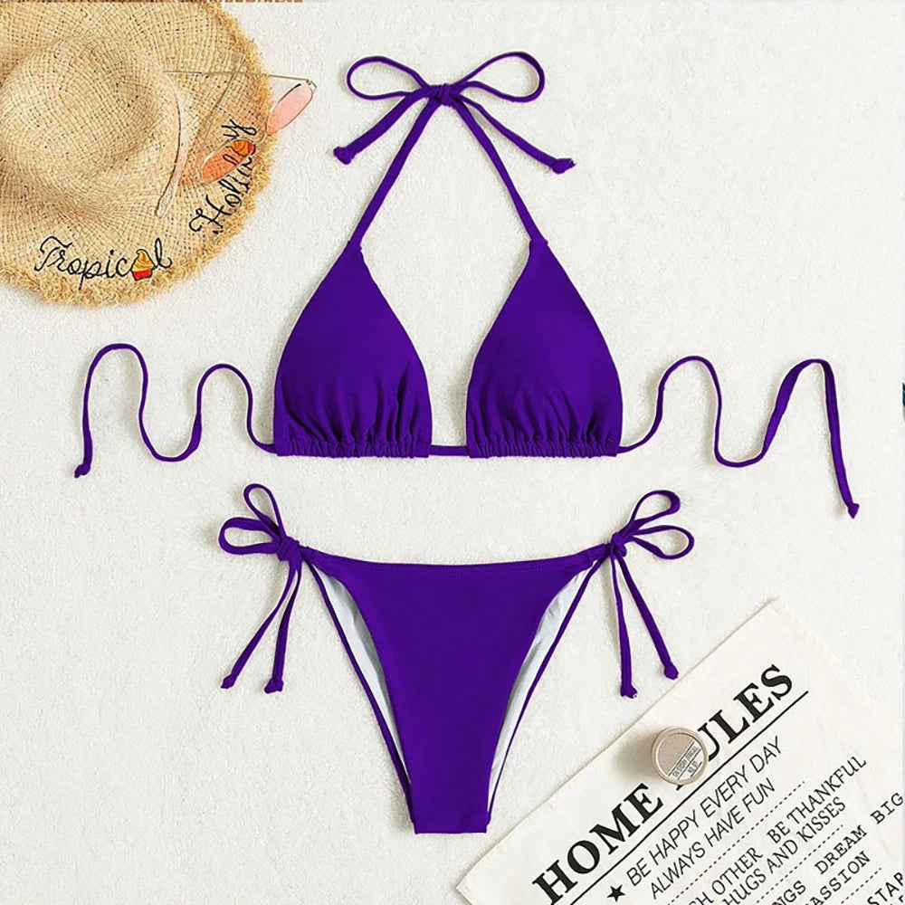 Solid Lace-Up High-Cut Thong Bikini