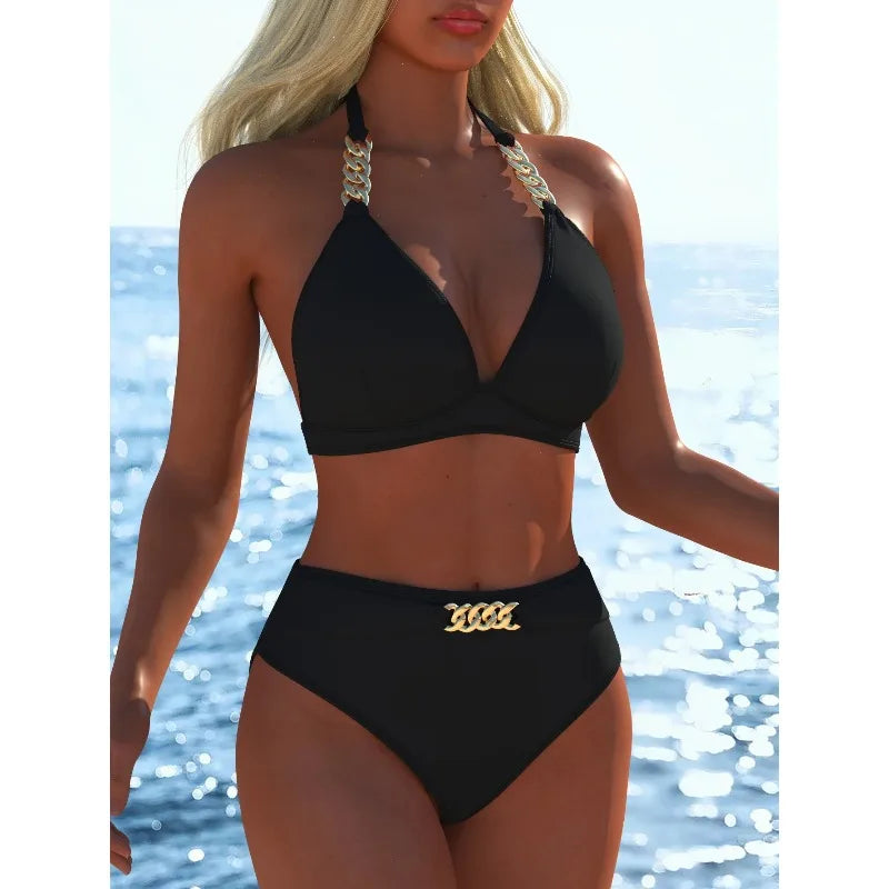 Black Halter High Waist Bikini Set