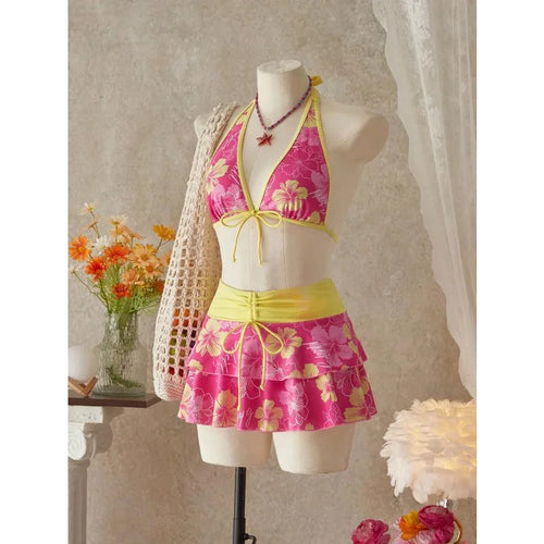 Elegant Floral Color Block Swimsuit Women Triangle Halter High-Waist Bikini Set Cover Up Skirt 2026 New Micro Bikini Three-Piece