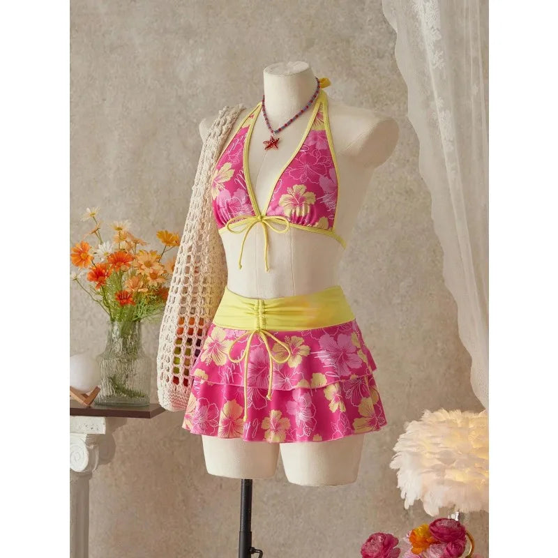 Floral Halter Three-Piece Bikini Set