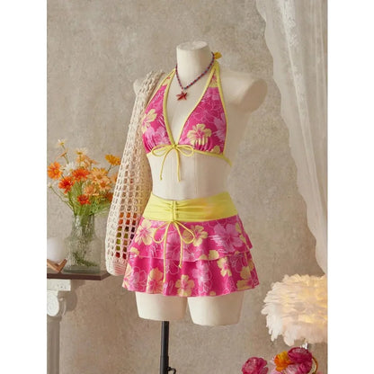 Floral Halter Three-Piece Bikini Set