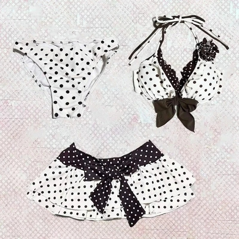 Harajuku Style Polka Dot Bowknot 3 Piece Swimsuit Women's Bikini Set Summer Casual Y2K Fashion Sexy Bathing Suit Skirt Cover Up