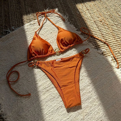 Gold Buckle Tie-up Bikini Set
