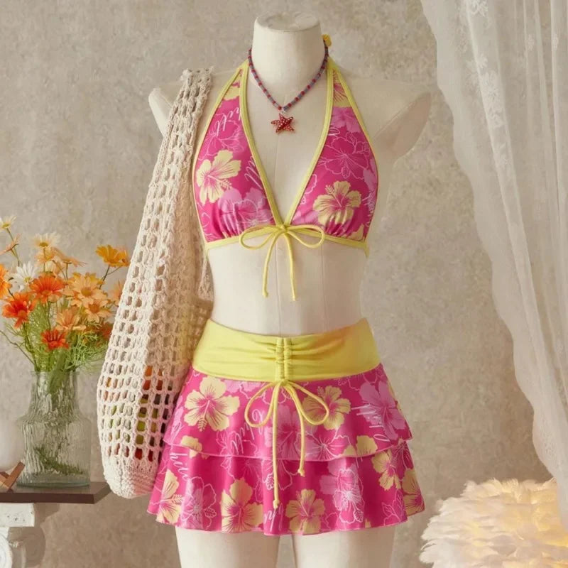 Floral Halter Three-Piece Bikini Set