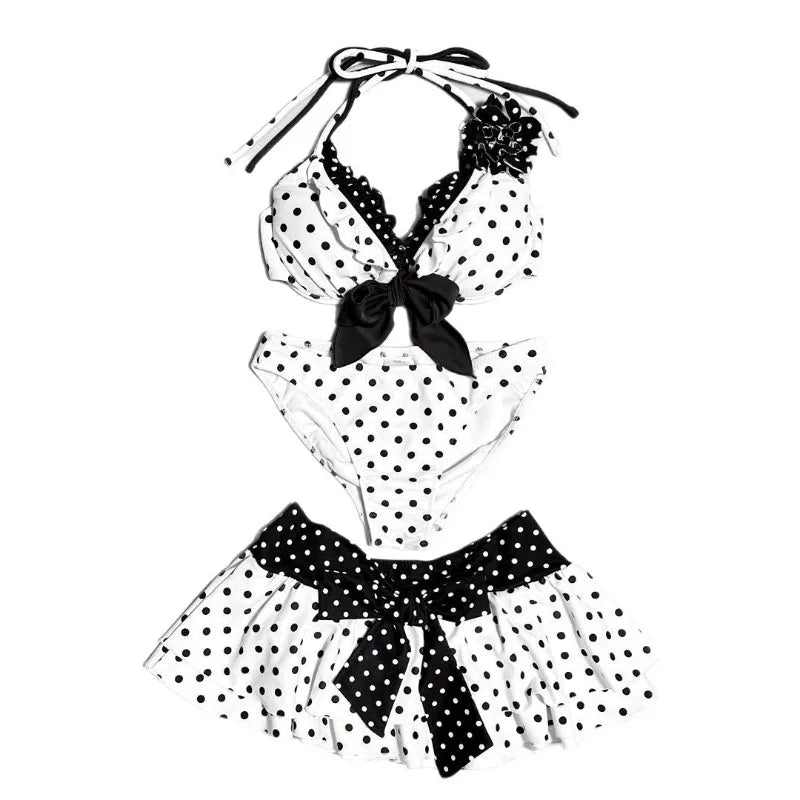 Harajuku Style Polka Dot Bowknot 3 Piece Swimsuit Women's Bikini Set Summer Casual Y2K Fashion Sexy Bathing Suit Skirt Cover Up