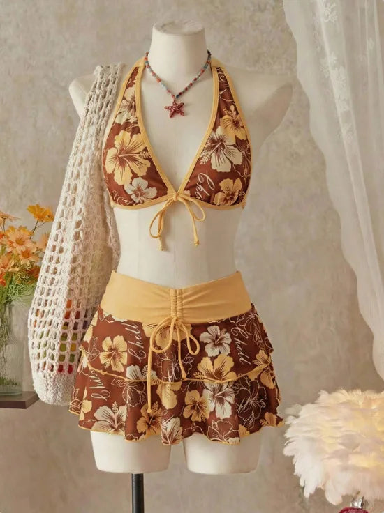Floral Halter Three-Piece Bikini Set