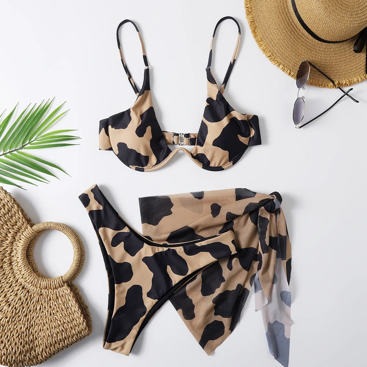 Leopard Print Bikini Set Women Swimwear Sexy Split Bikini Push Up Bandage Beach Cover Up Summer 2025 New Holiday Bathing Suit