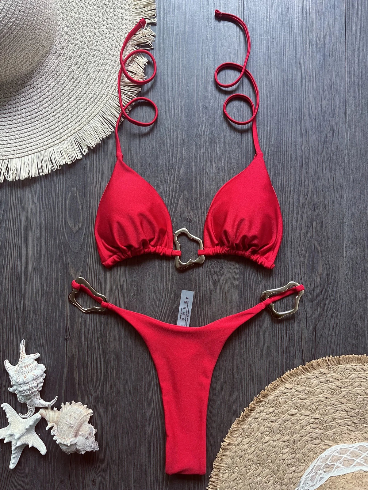 Gold Buckle Tie-Up Bikini Set