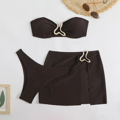 Strapless Buckle 3-Piece Bikini & Skirt Set