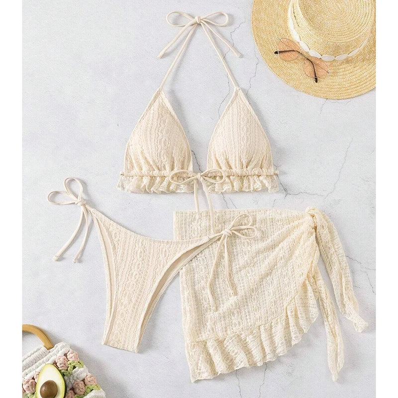 Ruffle Halter 3-Piece Bikini & Cover-Up Set