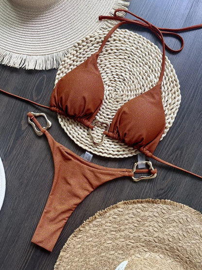 Gold Buckle Tie-Up Bikini Set