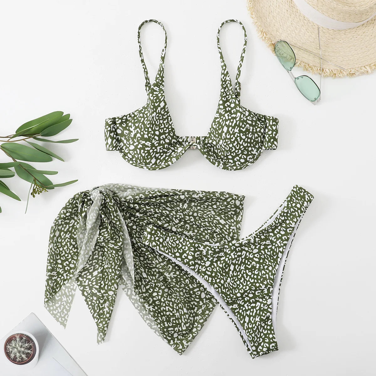 Leopard Print Bikini Set Women Swimwear Sexy Split Bikini Push Up Bandage Beach Cover Up Summer 2025 New Holiday Bathing Suit