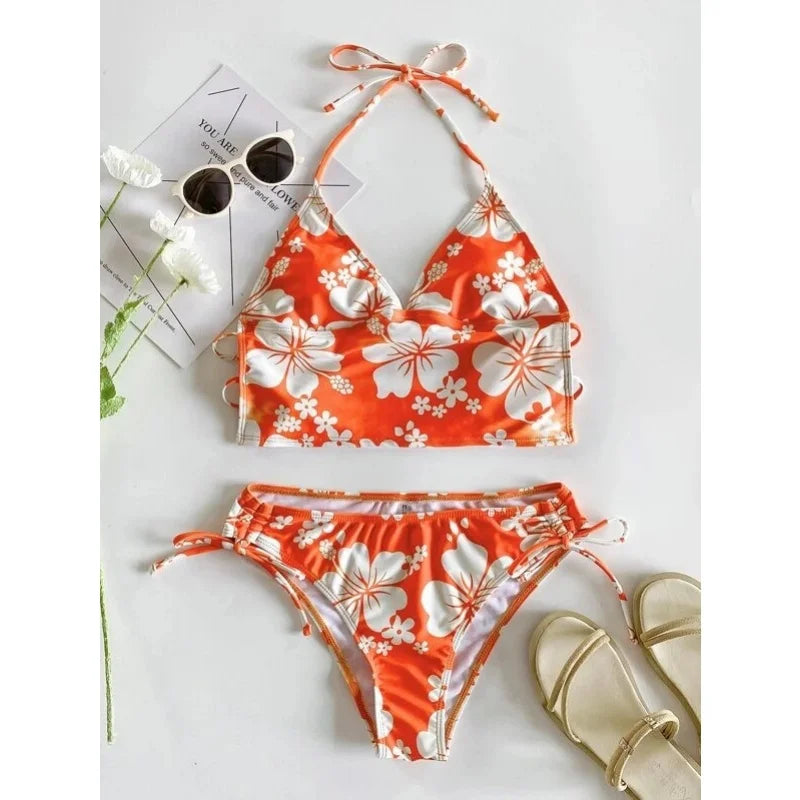 Floral V-Neck Lace-Up Tankini Set